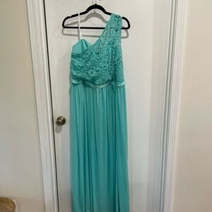David’s Bridal Elegant One-Shoulder Lace Gown in Aqua
